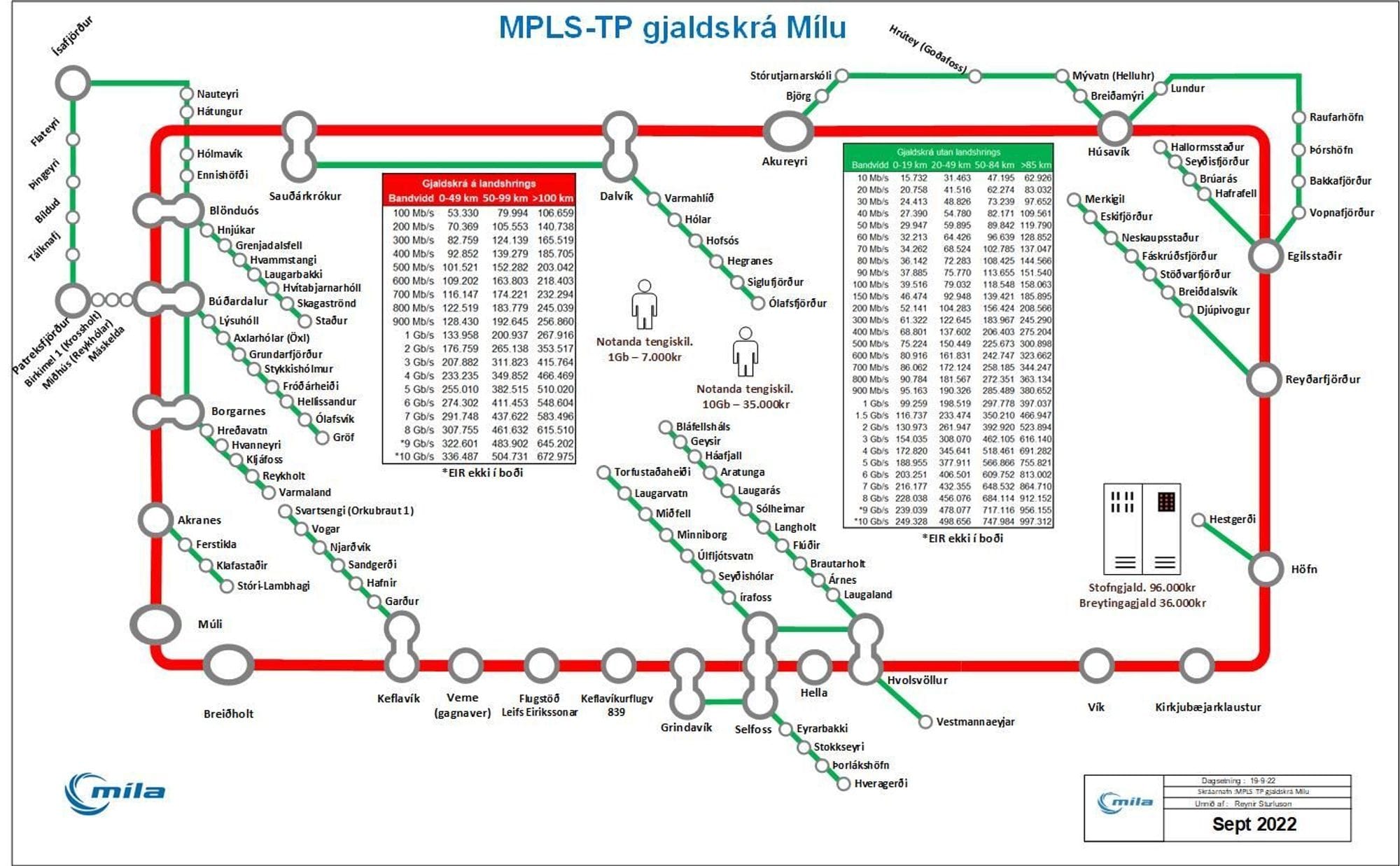 Mynd með þjónustusvæði og verðskrá MPLS-TP