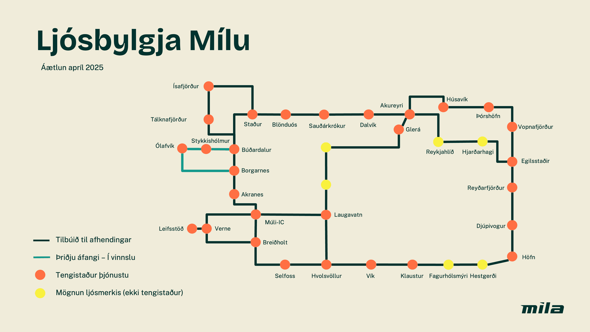 Kort af þjónustusvæði Ljósbylgju 3.6.2025